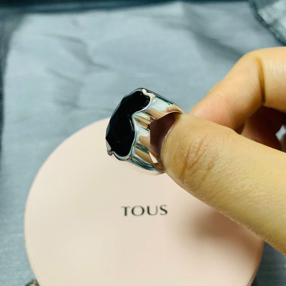 TOUS Ring Big Silver TOUS Color Ring with faceted onyx Women Jewelry 56# - Picture 9 of 13
